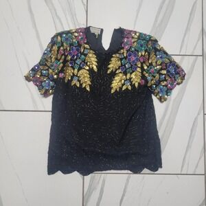 Vintage silk black sequinned new years floral blouse gold sequins party cocktail